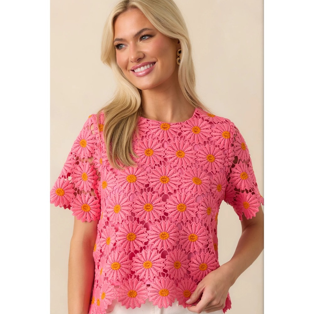 LoveWednesday Pink‎ Daisy Lace Bow Back Top Short Sleeve Floral Blouse  L